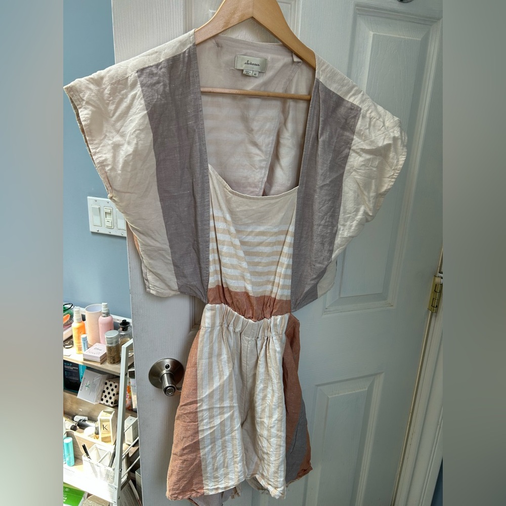 Elevenses Anthropologie Striped Linen Open Split Back Short Romper Size XS